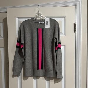 Gray and Pink Crew Neck Sweater with Vertical Stripe Design